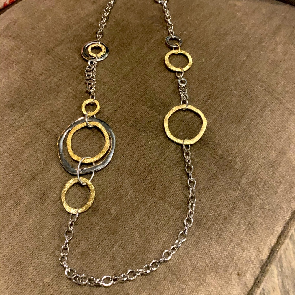 Silver 36in long necklace with gold/silver circles